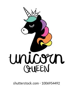 Unicorn queen calligraphy and unicorn drawing with crown / Textile graphic t shirt print / Vector illustration design