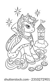 Unicorn queen coloring page. Pony outline. Unicorn children's illustration.