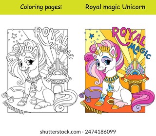 Unicorn queen with golden tiara. Royal unicorn lettering. Cartoon vector illustration. Kids monochrome coloring page with colored template. For coloring, education, print, game, decor, puzzle, design