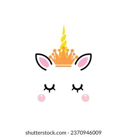 Unicorn queen. Magic pretty equine face with closed eyes with long eyelashes in joy. Happy mythical animal with crown flat style concept isolated on white background. Vector illustration.