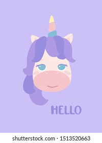 Unicorn with quote lettering Hello on a purple background. It can be used for sticker, badge, card, patch, phone case, poster, t-shirt, mug etc. Baby card, invitation. Delicate pastel colors for kids.