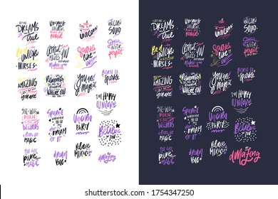 Unicorn cita un paquete. Ilustración con letras manuales para su diseño. Fiesta de Unicornio. Créeme en usted. Ser unicornio en un campo de caballos. Sorprendente