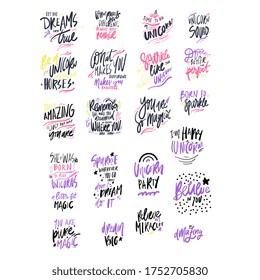 Unicorn quotes. Hand lettering illustration for your design. Unicorn party. Believe in you. You are pure magic.