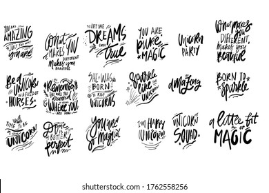 Unicorn quotes set for your design. Hand lettering illustration. Unicorn squad. A little bit of magic. Be amazing