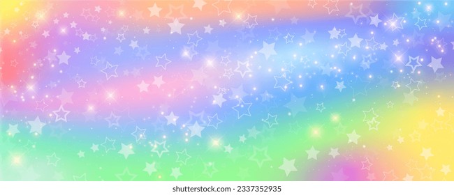 Unicorn rainbow background with glitter stars. Cute nagic pastel pattern. Magic dreaming holographic sky. Vector illustration