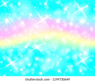Unicorn rainbow background. Holographic sky in pastel color. Bright mermaid pattern in princess colors. Vector illustration. Fantasy kawaii gradient colorful backdrop with rainbow mesh.