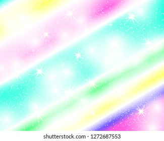 Unicorn rainbow background. Holographic sky in pastel color. Bright mermaid pattern in princess colors. Vector illustration. Fantasy gradient colorful backdrop with rainbow mesh.