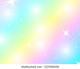 Unicorn rainbow background. Holographic sky in pastel color. Bright mermaid pattern in princess colors. Vector illustration. Fantasy gradient colorful backdrop with rainbow mesh.