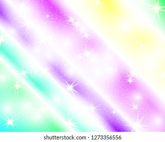 Unicorn rainbow background. Holographic sky in pastel color. Bright mermaid pattern in princess colors. Vector illustration. Fantasy kawaii gradient colorful backdrop with rainbow mesh.