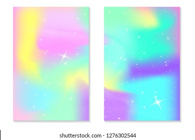 Unicorn rainbow background. Holographic sky in pastel color. Bright hologram mermaid pattern in princess colors. Vector illustration. Unicorn Fantasy gradient colorful backdrop with rainbow mesh.