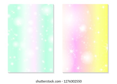 Unicorn rainbow background. Holographic sky in pastel color. Bright hologram mermaid pattern in princess colors. Vector illustration. Unicorn Fantasy gradient colorful backdrop with rainbow mesh.