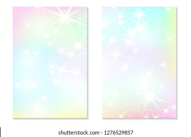 Unicorn rainbow background. Holographic sky in pastel color. Bright hologram mermaid pattern in princess colors. Vector illustration. Unicorn Fantasy gradient colorful backdrop with rainbow mesh.