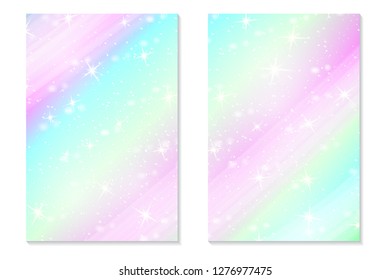Unicorn rainbow background. Holographic sky in pastel color. Bright hologram mermaid pattern in princess colors. Vector illustration. Unicorn Fantasy gradient colorful backdrop with rainbow mesh.