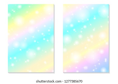 Unicorn rainbow background. Holographic sky in pastel color. Bright hologram mermaid pattern in princess colors. Vector illustration. Unicorn Fantasy gradient colorful backdrop with rainbow mesh.