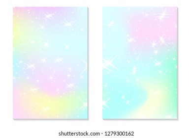 Unicorn rainbow background. Holographic sky in pastel color. Bright hologram mermaid pattern in princess colors. Vector illustration. Unicorn Fantasy gradient colorful backdrop with rainbow mesh.
