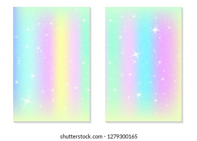 Unicorn rainbow background. Holographic sky in pastel color. Bright hologram mermaid pattern in princess colors. Vector illustration. Unicorn Fantasy kawaii colorful backdrop with rainbow mesh.