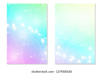 Unicorn rainbow background. Holographic sky in pastel color. Bright hologram mermaid pattern in princess colors. Vector illustration. Unicorn Fantasy gradient colorful backdrop with rainbow mesh.