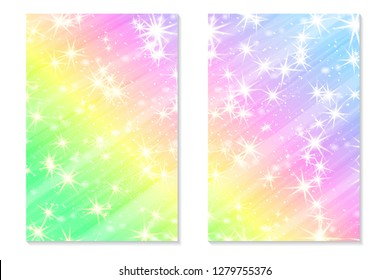 Unicorn rainbow background. Holographic sky in pastel color. Bright hologram mermaid pattern in princess colors. Vector illustration. Unicorn Fantasy gradient colorful backdrop with rainbow mesh.