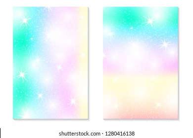Unicorn rainbow background. Holographic sky in pastel color. Bright hologram mermaid pattern in princess colors. Vector illustration. Unicorn Fantasy gradient colorful backdrop with rainbow mesh.
