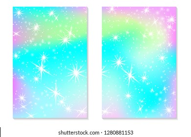 Unicorn rainbow background. Holographic sky in pastel color. Bright hologram mermaid pattern in princess colors. Vector illustration. Unicorn Fantasy gradient colorful backdrop with rainbow mesh.