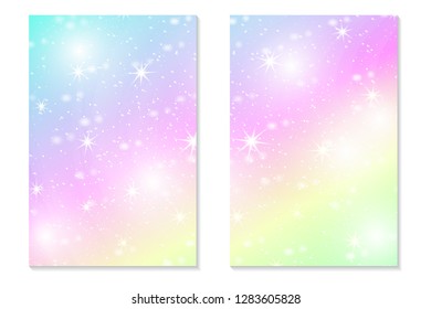 Unicorn rainbow background. Holographic sky in pastel color. Bright hologram mermaid pattern in princess colors. Vector illustration. Unicorn Fantasy gradient colorful backdrop with rainbow mesh.