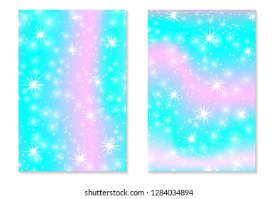 Unicorn rainbow background. Holographic sky in pastel color. Bright hologram mermaid pattern in princess colors. Vector illustration. Unicorn Fantasy gradient colorful backdrop with rainbow mesh.