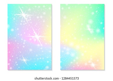 Unicorn rainbow background. Holographic sky in pastel color. Bright hologram mermaid pattern in princess colors. Vector illustration. Unicorn Fantasy gradient colorful backdrop with rainbow mesh.