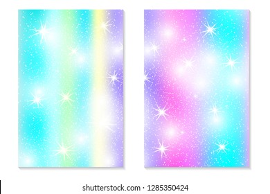 Unicorn rainbow background. Holographic sky in pastel color. Bright hologram mermaid pattern in princess colors. Vector illustration. Unicorn Fantasy gradient colorful backdrop with rainbow mesh.