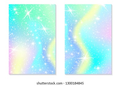Unicorn rainbow background. Holographic sky in pastel color. Bright hologram mermaid pattern in princess colors. Vector illustration. Unicorn Fantasy gradient colorful rainbow backdrop.