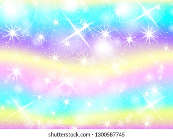 Unicorn rainbow background. Holographic sky in pastel color. Bright mermaid pattern in princess colors. Vector illustration. Fantasy gradient colorful backdrop with rainbow mesh.