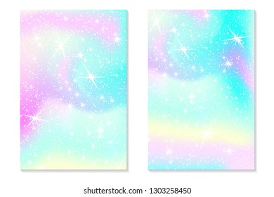 Unicorn rainbow background. Holographic sky in pastel color. Bright hologram mermaid pattern in princess colors. Vector illustration. Unicorn Fantasy gradient colorful rainbow backdrop.