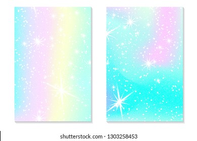 Unicorn rainbow background. Holographic sky in pastel color. Bright hologram mermaid pattern in princess colors. Vector illustration. Unicorn Fantasy gradient colorful rainbow backdrop.