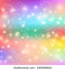 Unicorn Rainbow Background. Holographic Sky In Pastel Color. Bright Mermaid Pattern In Princess Colors. Vector Illustration. Fantasy Gradient Colorful Backdrop With Rainbow Mesh.