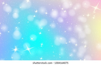 Unicorn rainbow background. Holographic sky in pastel color. Bright mermaid pattern in princess colors. Vector illustration. Fantasy gradient colorful backdrop with rainbow mesh.