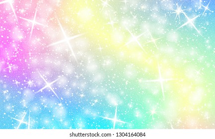 Unicorn rainbow background. Holographic sky in pastel color. Bright mermaid pattern in princess colors. Vector illustration. Fantasy gradient colorful backdrop with rainbow mesh.