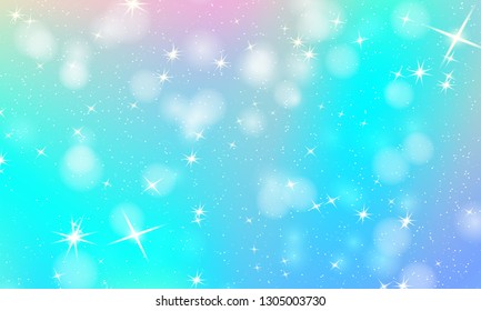 Unicorn rainbow background. Holographic sky in pastel color. Bright mermaid pattern in princess colors. Vector illustration. Fantasy gradient colorful backdrop with rainbow mesh.