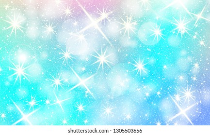 Unicorn rainbow background. Holographic sky in pastel color. Bright mermaid pattern in princess colors. Vector illustration. Fantasy gradient colorful backdrop with rainbow mesh.