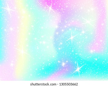 Unicorn rainbow background. Holographic sky in pastel color. Bright mermaid pattern in princess colors. Vector illustration. Fantasy gradient colorful backdrop with rainbow mesh.