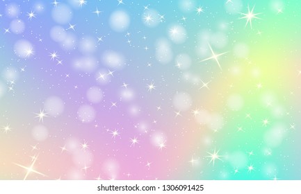 Unicorn rainbow background. Holographic sky in pastel color. Bright mermaid pattern in princess colors. Vector illustration. Fantasy gradient colorful backdrop with rainbow mesh.