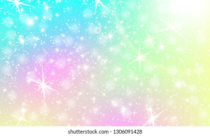 Unicorn rainbow background. Holographic sky in pastel color. Bright mermaid pattern in princess colors. Vector illustration. Fantasy gradient colorful backdrop with rainbow mesh.