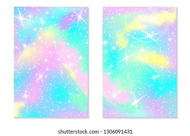 Unicorn rainbow background. Holographic sky in pastel color. Bright hologram mermaid pattern in princess colors. Vector illustration. Unicorn Fantasy gradient colorful rainbow backdrop.