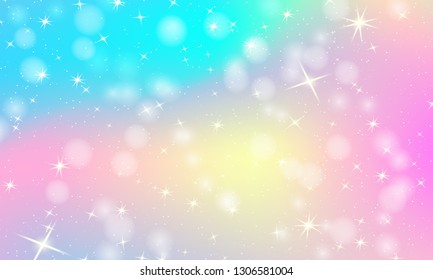 Unicorn rainbow background. Holographic sky in pastel color. Bright mermaid pattern in princess colors. Vector illustration. Fantasy gradient colorful backdrop with rainbow mesh.