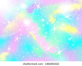 Unicorn rainbow background. Holographic sky in pastel color. Bright mermaid pattern in princess colors. Vector illustration. Fantasy gradient colorful backdrop with rainbow mesh.