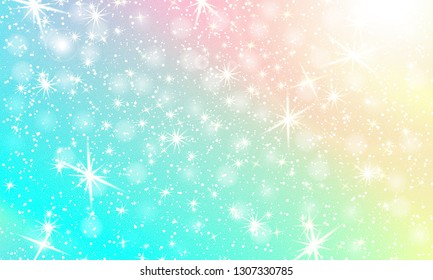 Unicorn rainbow background. Holographic sky in pastel color. Bright mermaid pattern in princess colors. Vector illustration. Fantasy gradient colorful backdrop with rainbow mesh.