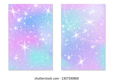 Unicorn rainbow background. Holographic sky in pastel color. Bright hologram mermaid pattern in princess colors. Vector illustration. Unicorn Fantasy gradient colorful rainbow backdrop.