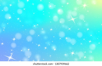 Unicorn rainbow background. Holographic sky in pastel color. Bright mermaid pattern in princess colors. Vector illustration. Fantasy gradient colorful backdrop with rainbow mesh.