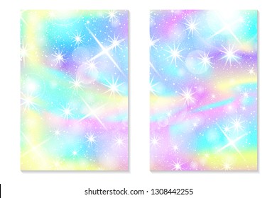 Unicorn rainbow background. Holographic sky in pastel color. Bright hologram mermaid pattern in princess colors. Vector illustration. Unicorn Fantasy gradient colorful rainbow backdrop.