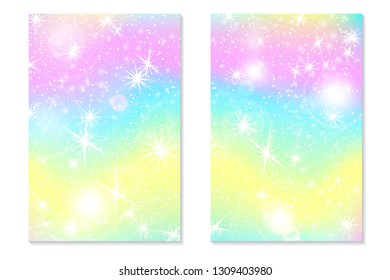 Unicorn rainbow background. Holographic sky in pastel color. Bright hologram mermaid pattern in princess colors. Vector illustration. Unicorn Fantasy gradient colorful rainbow backdrop.