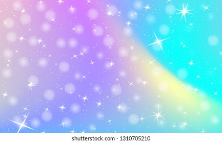 Unicorn rainbow background. Holographic sky in pastel color. Bright mermaid pattern in princess colors. Vector illustration. Fantasy gradient colorful backdrop with rainbow mesh.