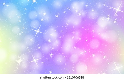 Unicorn rainbow background. Holographic sky in pastel color. Bright mermaid pattern in princess colors. Vector illustration. Fantasy gradient colorful backdrop with rainbow mesh.